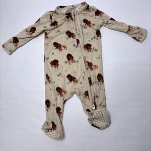 Angel Dear Bamboo One Piece Footie Pajamas NB Buffalo Bison Print 2 Way Zipper